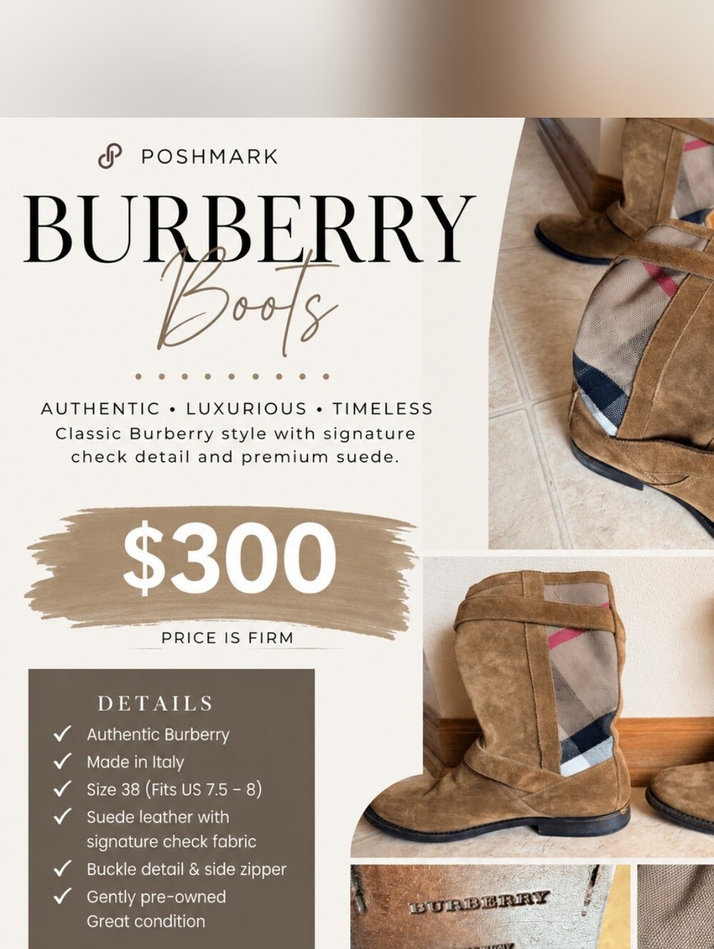 Burberry Suede Nova Check Boots | Made in Italy | Size 38